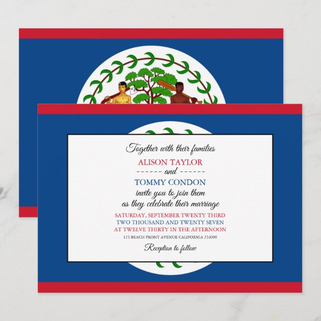 Invitation Drapeau bélizien, Drapeau de Belize Mariage (Devant / Derrière)