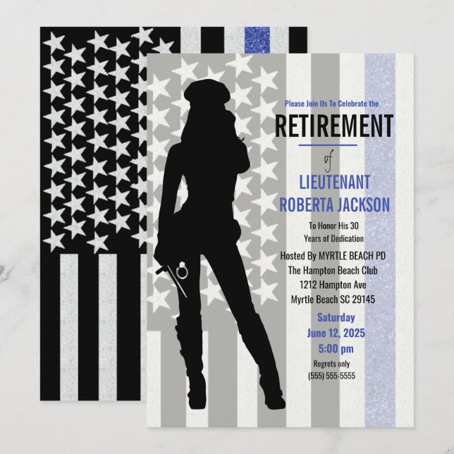 Invitation Drapeau bleu noir Police Femme Retraite (Devant / Derrière)