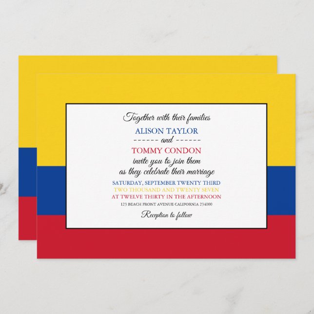 Invitation Drapeau colombien, Drapeau de la Colombie Mariage (Devant / Derrière)