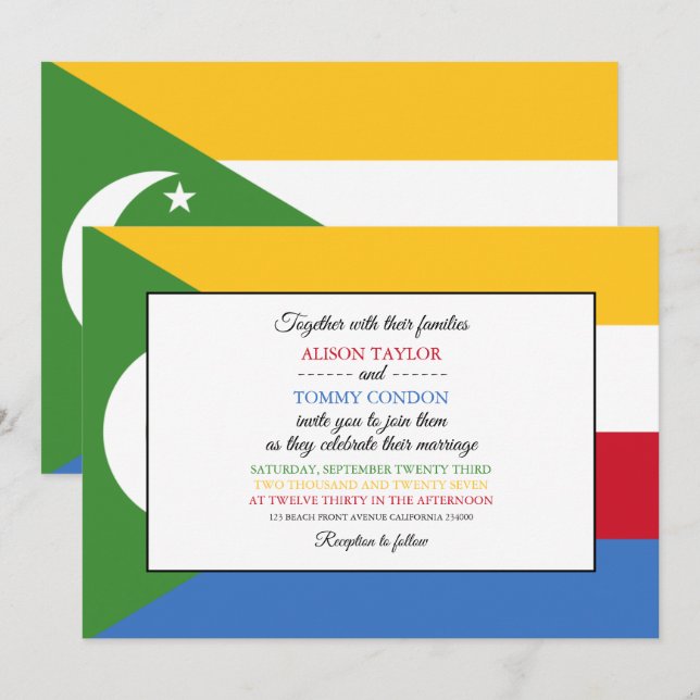 Invitation Drapeau comorien, Drapeau des Comores Mariage (Devant / Derrière)