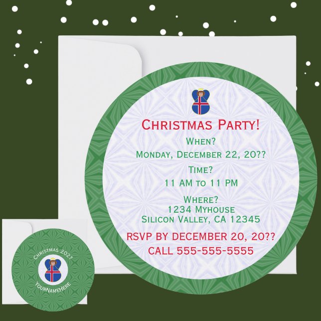 Invitation Drapeau d'ange de Noël personnalisé d'Islande (Round Christmas party invitation with Icelandic angel. Personalize with name, year and party details)
