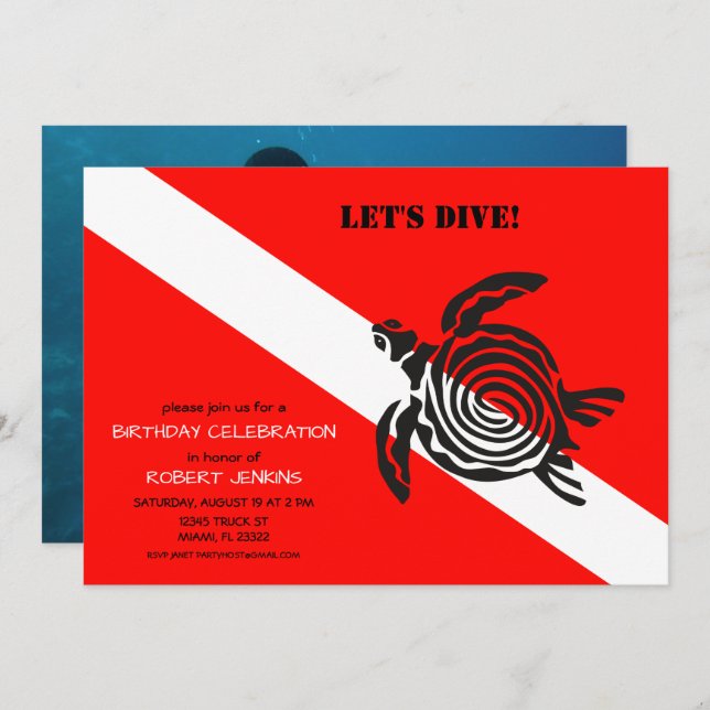 Invitation Drapeau de plongée et tortue de mer Photo Annivers (Devant / Derrière)