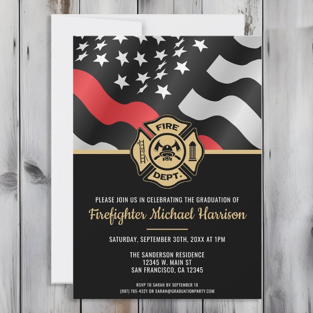 Invitation Drapeau de pompier Graduation de l'académie de pom (Perfect invitation to invite guests to celebrate the new fire academy graduate in fire fighting!)