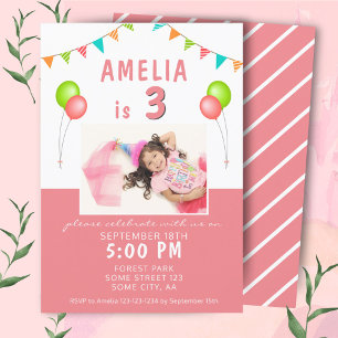 Invitation Drapeau Guirlande Ballon Rose Photo Anniversaire F