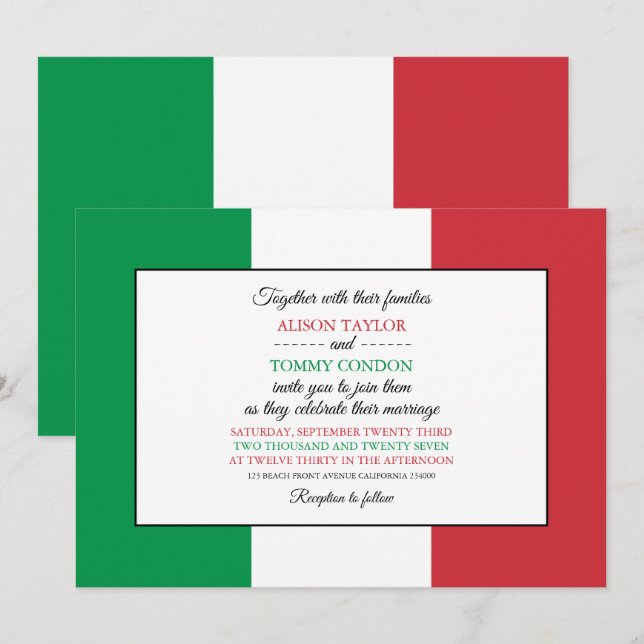Invitation Drapeau italien, Drapeau italien Mariage (Devant / Derrière)