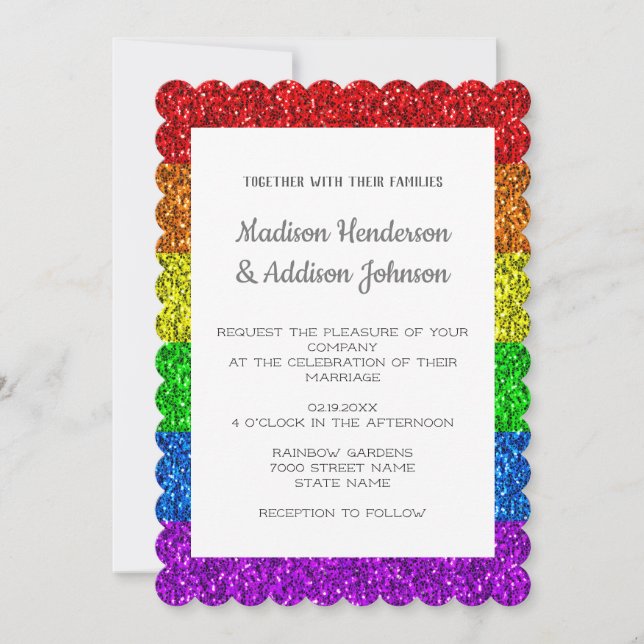 Invitation Drapeau Mariage LGBT vif arc-en-ciel scintillant M (Devant)