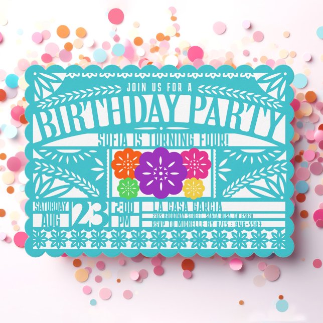 Invitation Drapeau mexicain Fiesta Papel Picado Anniversaire  (Bright colorful teal blue Papel Picado Flag style scalloped birthday party invite for kids & adults)