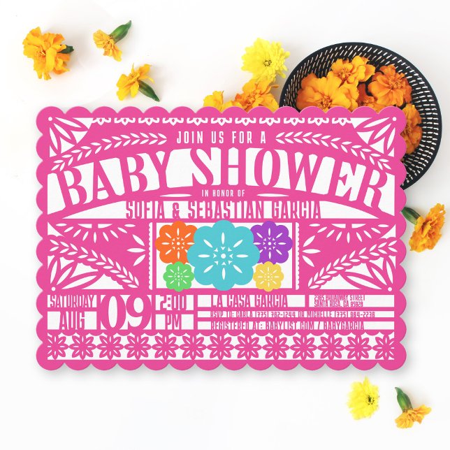 Invitation Drapeau mexicain Fiesta Papel Picado Baby shower R (Colorful bright fuchsia hot pink Papel Picado Flag Banner Mexican Fiesta baby girl shower invitation)