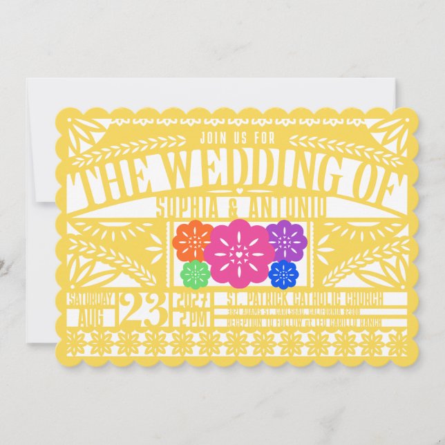 Invitation Drapeau mexicain Fiesta Papel Picado Mariage JAUNE (Devant)