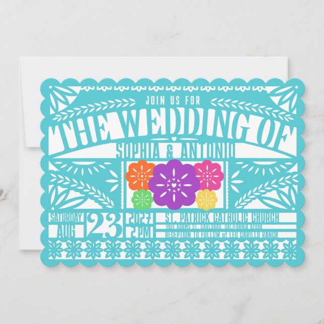 Invitation Drapeau mexicain Fiesta Papel Picado Mariage TURQU (Devant)