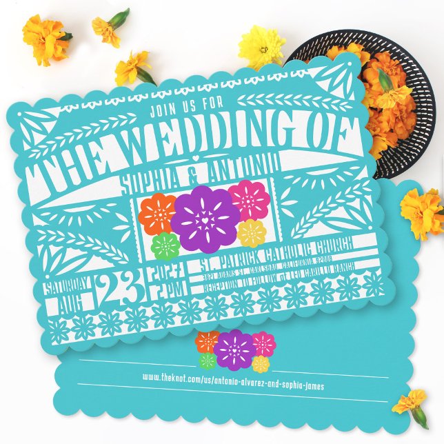 Invitation Drapeau mexicain Fiesta Papel Picado Mariage TURQU (Colorful teal papel picado Mexican heritage fiesta flag celebration scalloped wedding invitation )