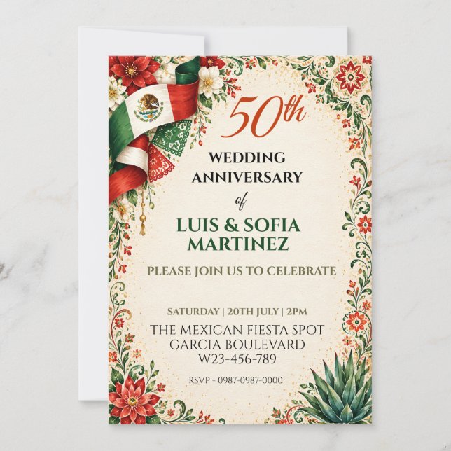 Invitation Drapeau Mexicain Floral Vert Blanc Rouge Fête  (Devant)