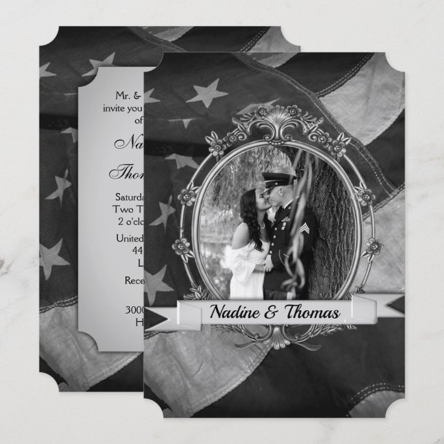Invitation Drapeau patriotique militaire de B&W avec photo (Devant / Derrière)