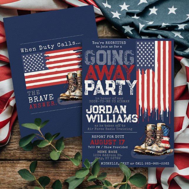 Invitation Drapeau patriotique Militaire disparaît Fête d'adi (Patriotic USA flag military going away farewell party invitation for Air Force, Army, Navy, Marines)