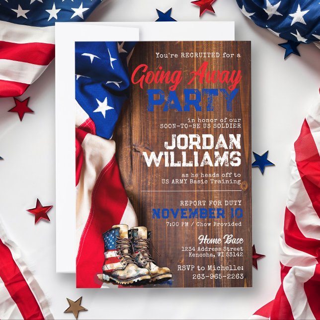 Invitation Drapeau Rustique Militaire Solider Partir Parti (Patriotic rustic wood American Flag US Navy Air Force Army Solider Marines Military Going away party)