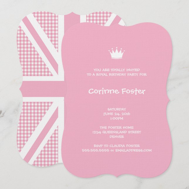 Invitation Drapeau Union Jack Pastel Pink En vichy (Devant / Derrière)