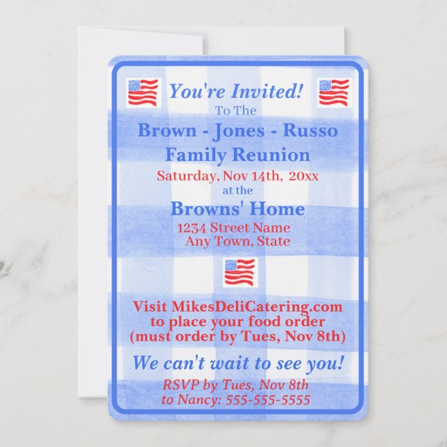 Invitation drapeau USA à carreaux bleu aquarelle (Devant)