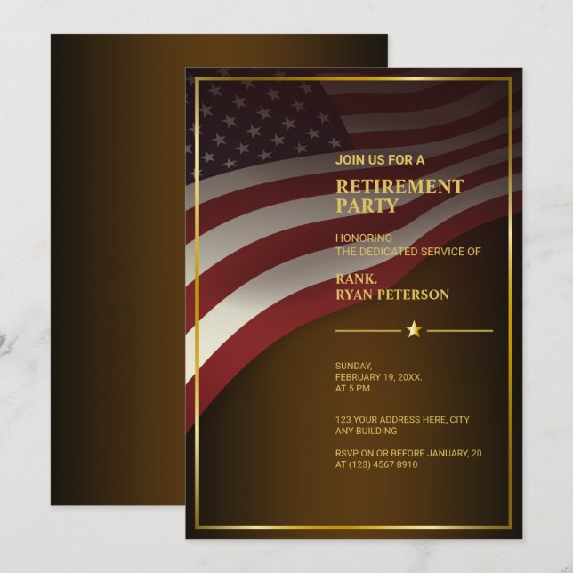 Invitation Drapeau USA | Coin | Cadre doré | Luxe Brun (Devant / Derrière)