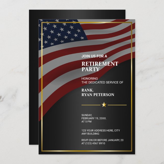 Invitation Drapeau USA | Coin | Cadre doré | Luxe Noir (Devant / Derrière)