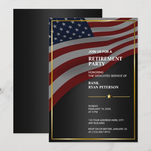Invitation Drapeau USA | Coin | Cadre doré | Noir de luxe (Devant / Derrière)