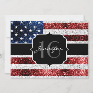 Invitation Drapeau USA rouge blanc bleu paillettes scintillem