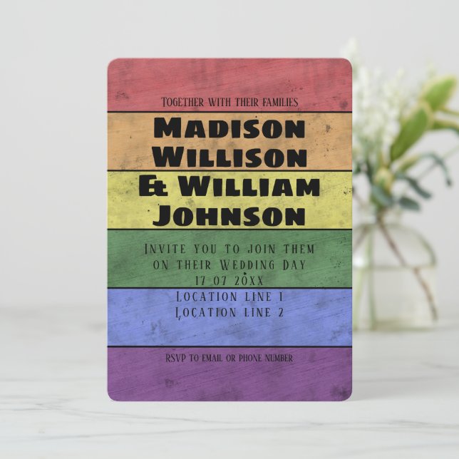 Invitation Drapeau Vintage LGBT mariage en noir (Debout devant)