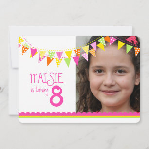 Invitation Drapeaux colorés filles fête de 8e anniversaire ro
