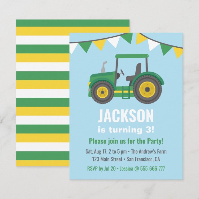 Invitation Drapeaux de fanions de tracteur vert pour l'annive (Devant / Derrière)