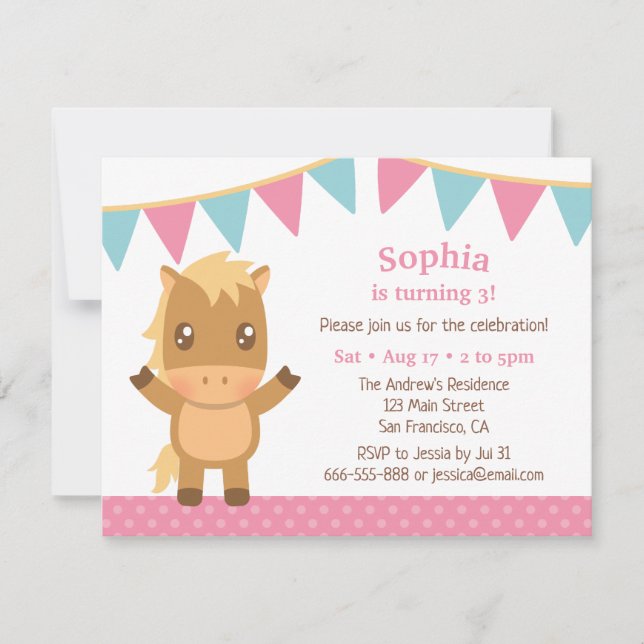 Invitation Drapeaux de fête d'anniversaire de fille Cheval Mi (Devant)