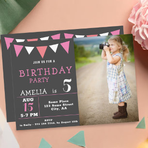 Invitation Drapeaux de guirlande rose moderne Photo Fête d'an