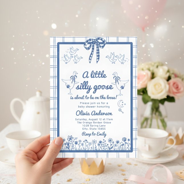 Invitation Drawn Silly Goose blue Gingham Ribbon Baby Shower (Créateur téléchargé)
