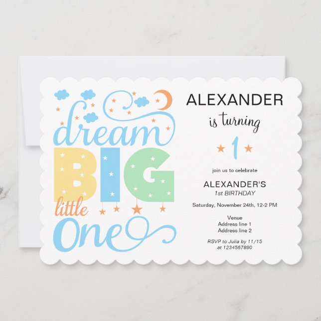 Invitation Dream Big Little One Blue Baby Boy 1er anniversair (Devant)
