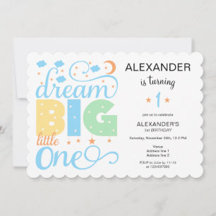 Invitation Dream Big Little One Blue Baby Boy 1er anniversair