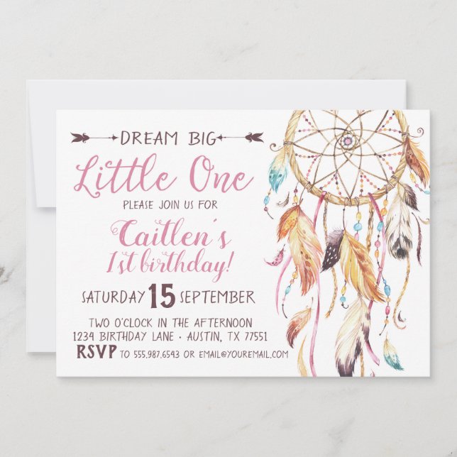 Invitation Dream Big Little One First Birthday Dreamcatcher (Devant)