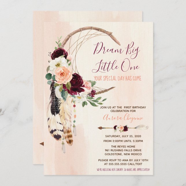 Invitation Dream Big Peach & Burgundy Boho Premier anniversai (Devant / Derrière)