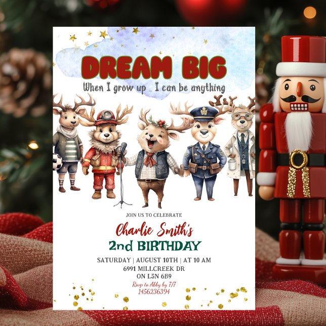 Invitation Dream Big Reindeer Career Theme Kids Birthday (Créateur téléchargé)