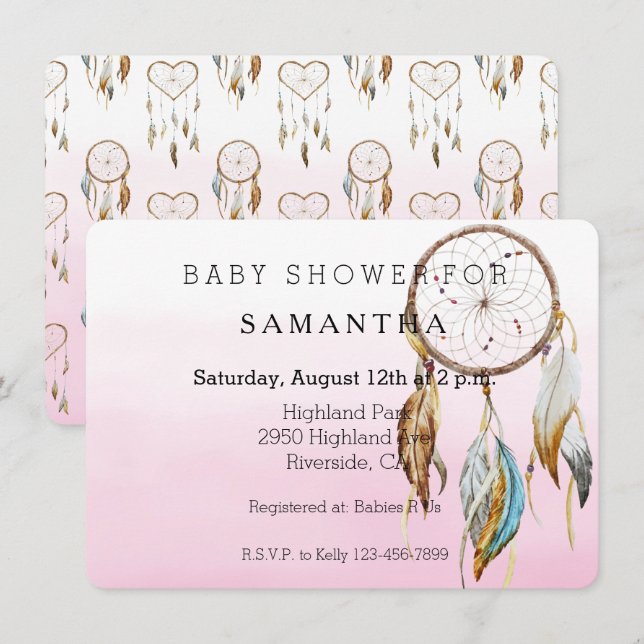 Invitation Dream Catcher baby shower d'aquarelle rose (Devant / Derrière)