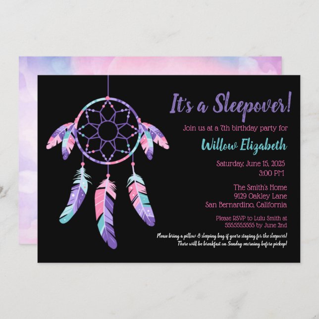 Invitation Dream Catcher Sleepover Anniversaire de enfant Par (Devant / Derrière)