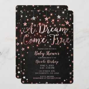 Invitation Dream Come True Black Rose Gold Stars Baby shower