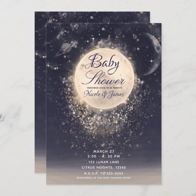 Invitation Dream Moon Baby shower magique des étincelles cosm (Devant / Derrière)