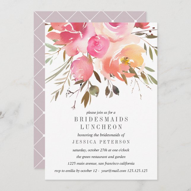 Invitation Dream Pink Flowers Bridesmaids Mariage du déjeuner (Devant / Derrière)