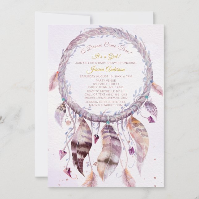 Invitation Dreamcatcher avec Feathers Girl Baby shower (Devant)