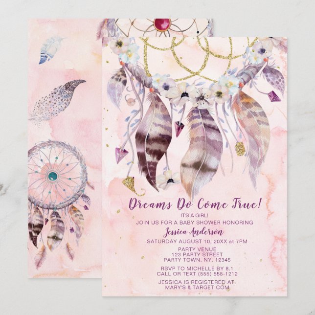 Invitation Dreamcatcher Dream Come True Girl Baby shower (Devant / Derrière)