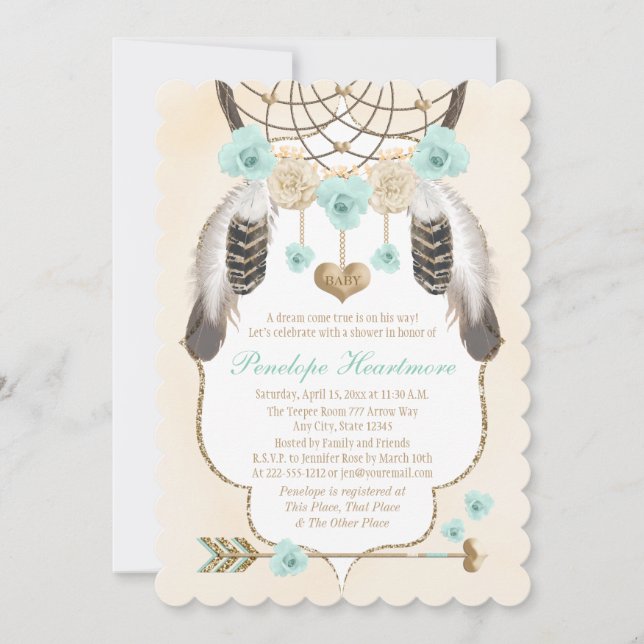 Invitation Dreamcatcher turquoise et or Boho Baby Boy Show (Devant)