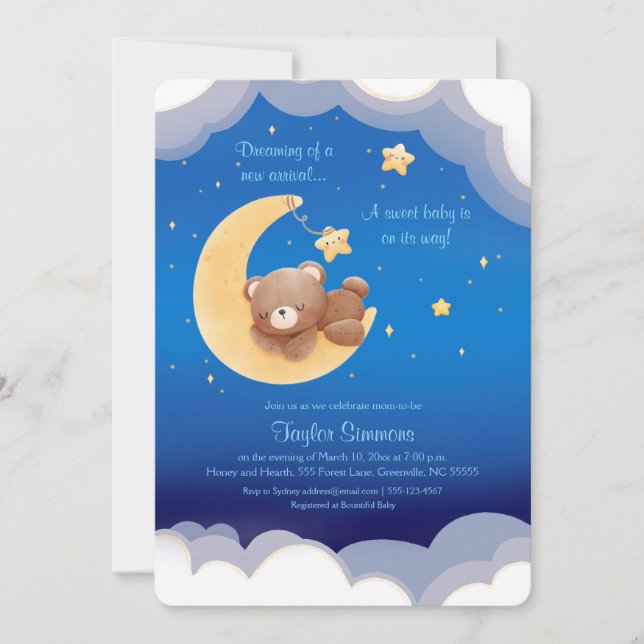 Invitation Dreaming New Arrival Bear Night Sky Baby Shower (Devant)