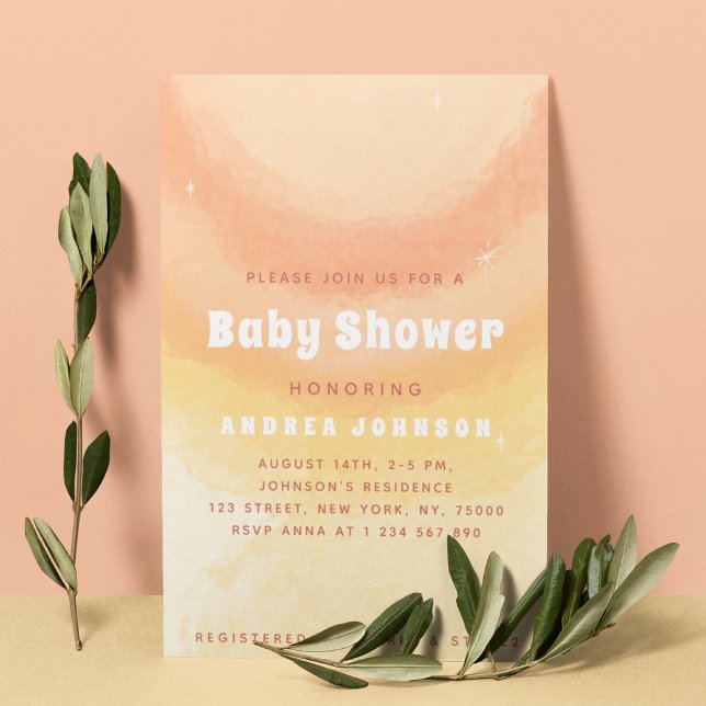 Invitation Dreamway Peach & Yellow Watercolor Baby shower sol (Créateur téléchargé)