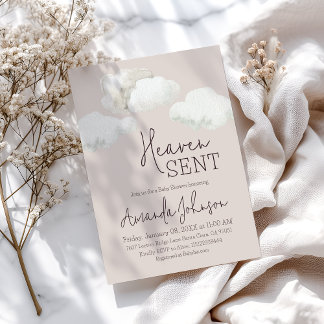 Invitation Dreamy Beige Heaven Sent Baby Shower