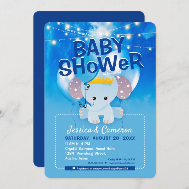 Invitation Dreamy Blue Balloons Baby Elephant Baby shower (Devant / Derrière)