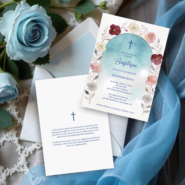 Invitation Dreamy Blue Shades Floral Frame Arch Baptisme (Dreamy Digital Watercolor Blue Shades Floral Frame Arch Shape Baptism Invitation Cards. )