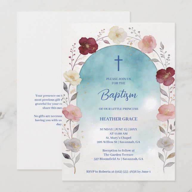 Invitation Dreamy Blue Shades Floral Frame Arch Baptisme (Devant / Derrière)